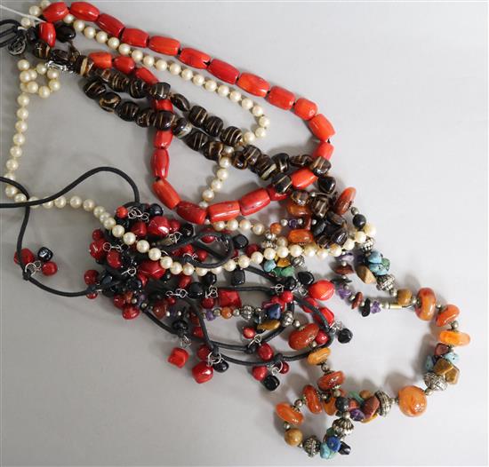 Five various bead necklaces.